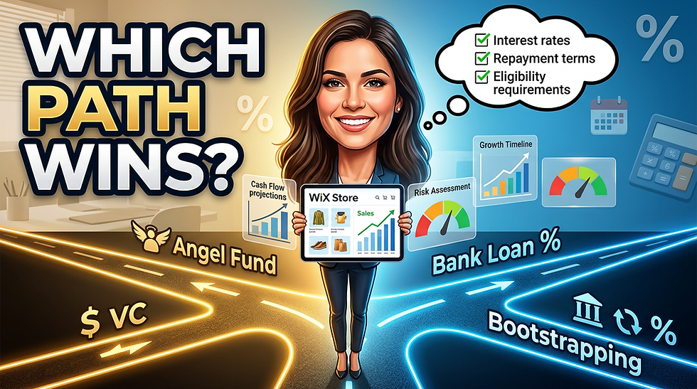 Smiling woman holds a Wix Store tablet at a forked path labeled Angel Fund, Bank Loan, and Bootstrapping, with finance charts.