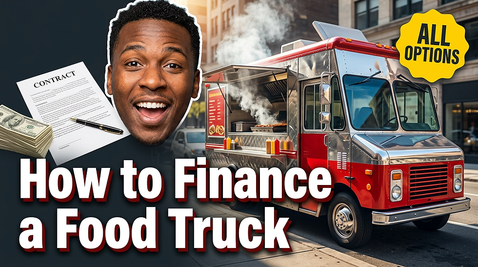 Smiling grill master by a food truck with cash and a loan contract; bold text reads How to Finance a Food Truck and ALL OPTIONS.