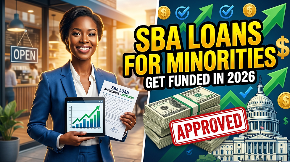 Smiling woman holds "SBA Loan - Approved" paperwork and tablet with graph. Background text: "SBA Loans for Minorities. Get Funded in 2026."