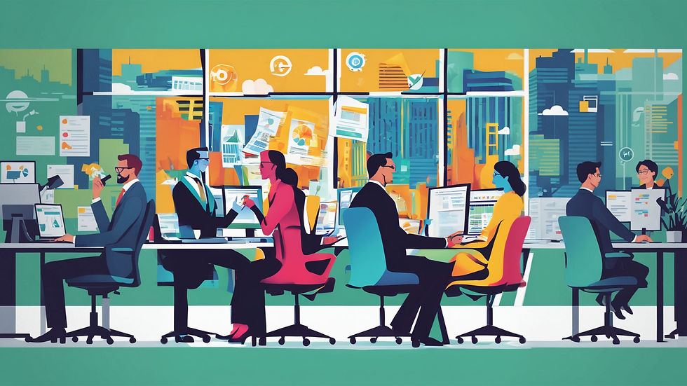 Colorful office scene with people at computers, discussing and working. Bright cityscape visible through windows. Papers and charts displayed.