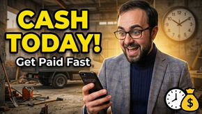 Man excitedly looks at phone in industrial setting; text reads "CASH TODAY! Get Paid Fast." Clock and money icons are visible.