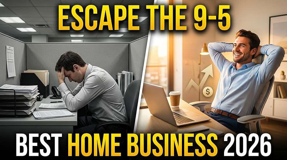 Man stressed in a cubicle on left; another man relaxed at home office on right. Text reads: "Escape the 9-5, Best Home Business 2026."