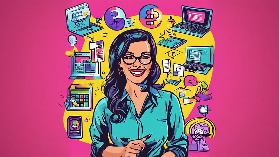 Illustration of a smiling woman with glasses holding a pen. Surrounded by tech icons, laptops on pink and yellow background, creative mood.