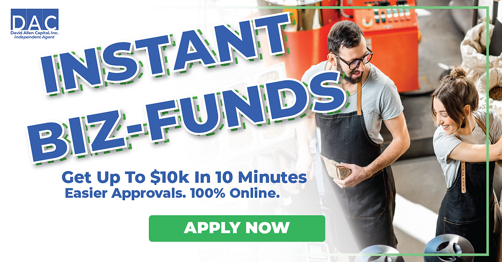 Two people in aprons working in a shop. Text reads "INSTANT BIZ-FUNDS," offering up to $10k in 10 minutes. Green "APPLY NOW" button.