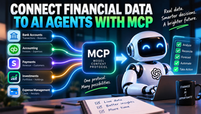 Robot AI agent at laptop connects financial data to MCP, with bank, accounting, payments, investments and expense cards glowing.