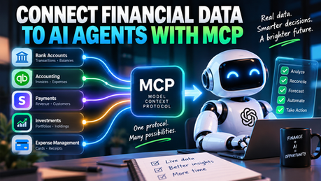 Robot AI agent at laptop connects financial data to MCP, with bank, accounting, payments, investments and expense cards glowing.