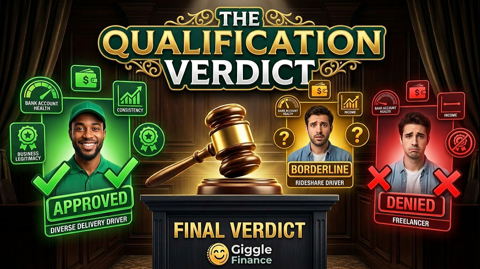 Dark courtroom-style graphic with a gavel and three driver profiles labeled APPROVED, BORDERLINE, and DENIED under THE QUALIFICATION VERDICT.