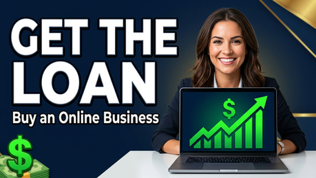 Smiling woman with laptop showing a rising green chart; ad text reads GET THE LOAN and Buy an Online Business.