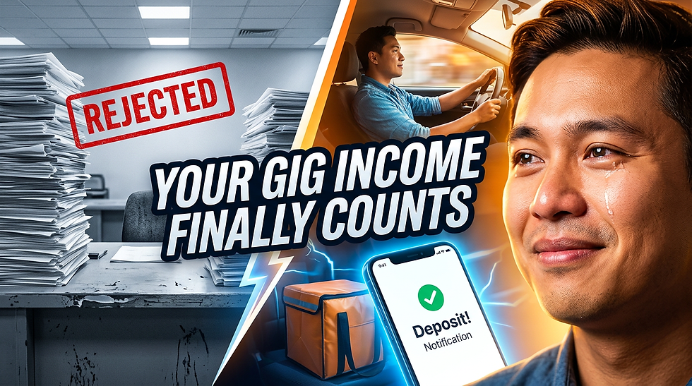Split ad shows rejected paperwork, a rideshare driver, and phone Deposit! with Your gig income finally counts.