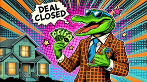 Comic-style gator with sunglasses holding cash in front of house labeled DEAL CLOSED, vibrant pop-art background ideal for unconventional real estate funding post.