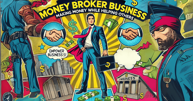 a comic book illustration of a man with a briefcase and the words money broker business making money while helping others