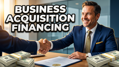Smiling man in suit shakes hands over a contract with stacks of cash on the table. Text says "Business Acquisition Financing." Bright office setting.