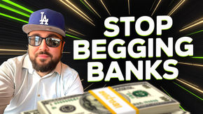 Man wearing a blue cap and sunglasses, seated with a serious expression. "STOP BEGGING BANKS" text on a dynamic background. Stack of money in foreground.