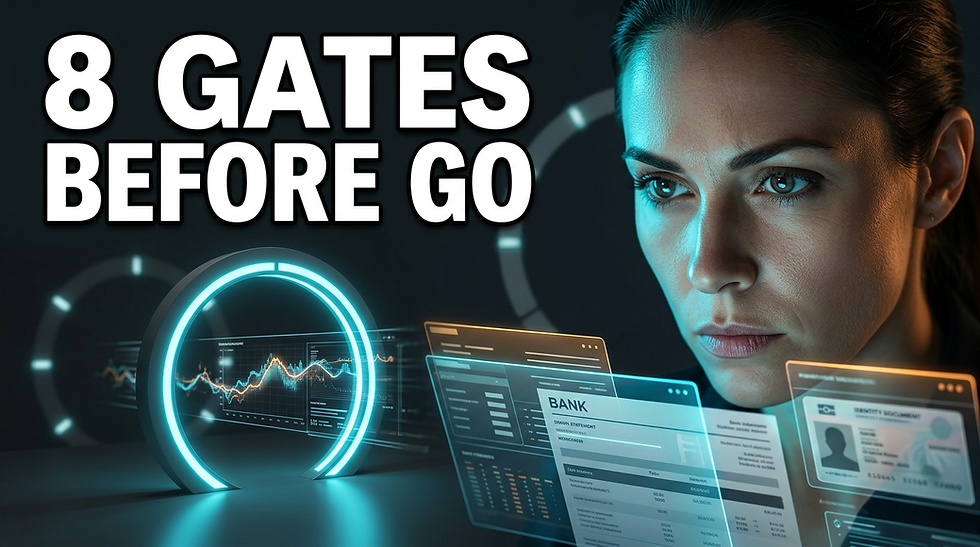 Woman studies glowing data panels and bank statements beside a neon ring; headline reads 8 GATES BEFORE GO.