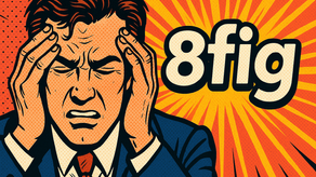 Pop art style of a man in a suit, holding his head in frustration. Background is orange with text "8fig" and comic-style dots.