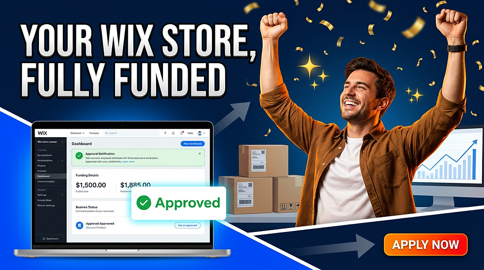 Man celebrates with raised arms in front of a laptop showing "Approved" notification. Background has boxes, chart, and text: "Your Wix Store, Fully Funded."