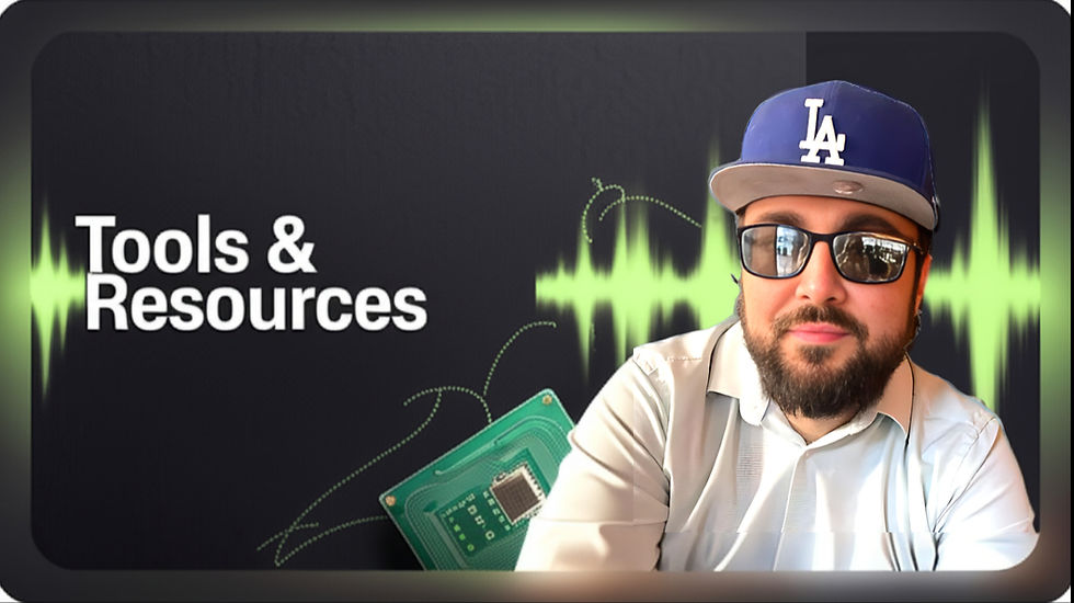 Man in blue cap and sunglasses, with a beard, sits in front of a "Tools & Resources" graphic. Green waveform and chip design in background.