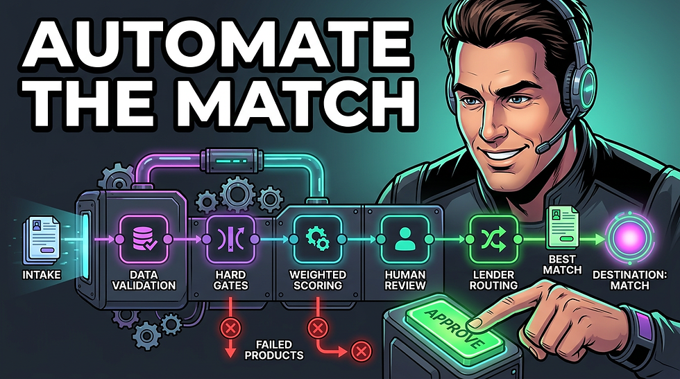 Neon infographic with headset man at a control panel, showing AUTOMATE THE MATCH workflow: intake, validation, review, lender routing, approve.