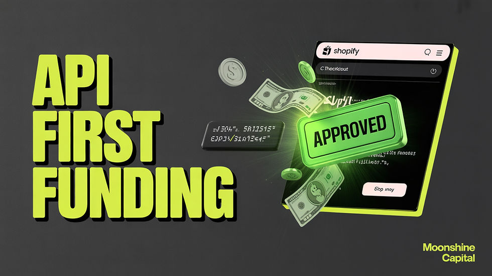 API First Funding image shows a Shopify screen with "Approved" stamp, floating cash, and tech codes. Neon yellow and green highlights.
