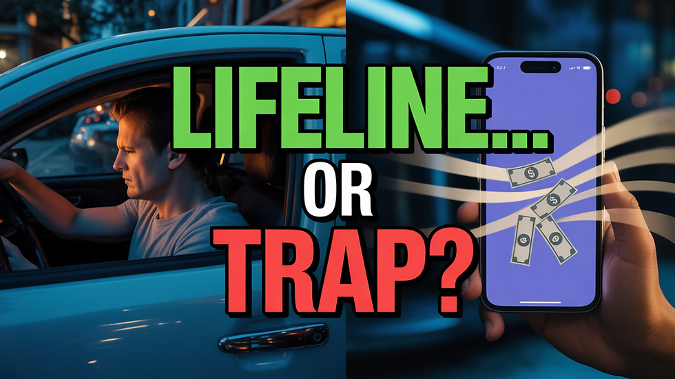 Gig worker in car deciding whether to use an instant cash advance app, lifeline versus income trap concept