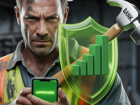 Worker with dirt on face holds phone displaying "APPROVED." Background features a shield, bar chart, and hammer labeled "BANK." Moody setting.