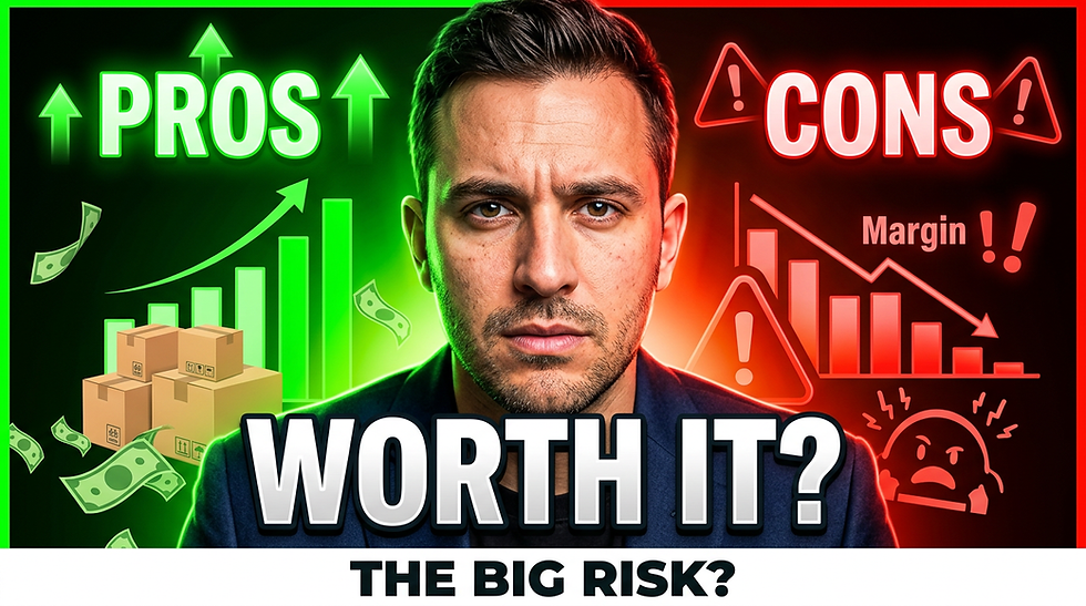 Man looks serious between “Pros” in green with upward graphs and "Cons" in red with downward graphs. Text: "Worth It? The Big Risk?"