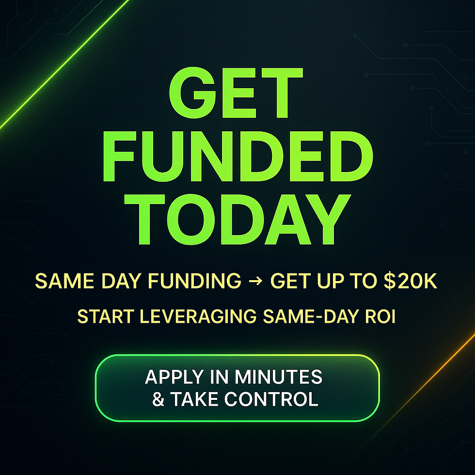 Green text on a dark background reads "Get Funded Today". Offers same day funding up to $20K. Button says "Apply in minutes & take control".