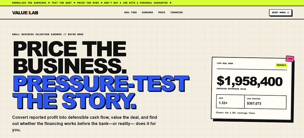 Value/Lab webpage with bold headline Price the Business. Pressure-Test the Story. and a valuation card showing $1,958,400.