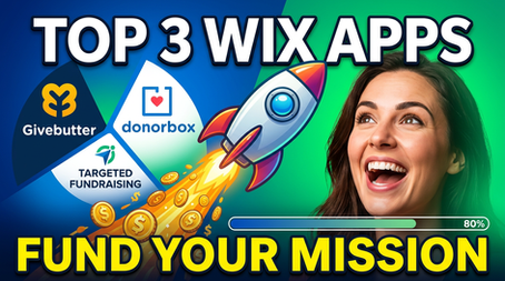 Smiling woman with rocket and dollar symbols, "Top 3 Wix Apps: Givebutter, donorbox, Targeted Fundraising." Text: "Fund Your Mission," progress bar at 80%.