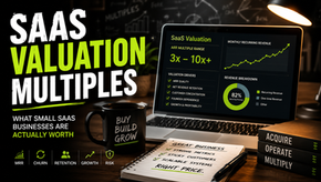 Desk scene with laptop displaying SaaS valuation charts; bold text reads SaaS Valuation Multiples and Acquire Operate Multiply.