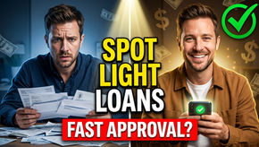 Split-screen loan ad: worried man with papers vs smiling man with phone, money icons, SPOT LIGHT LOANS FAST APPROVAL?