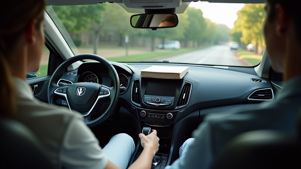 Close-up view of a car's dashboard with ride-sharing materials placed on the seat