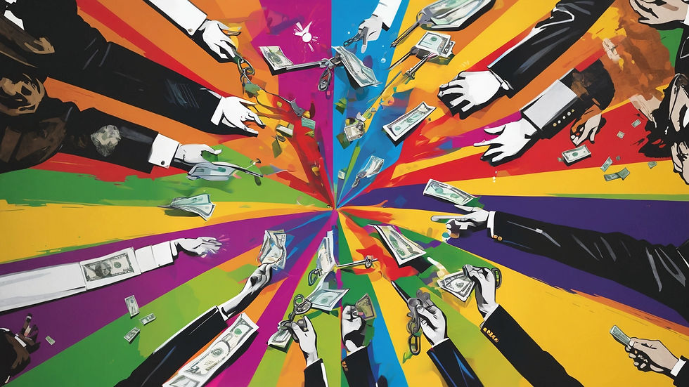 Hands in suits exchange money and keys in a colorful radial pattern, creating a dynamic, chaotic scene. Emphasis on transaction themes.