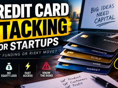 Credit cards stacked beside a laptop with bold text reading “Credit Card Stacking for Startups,” illustrating the risks and benefits of startup funding.