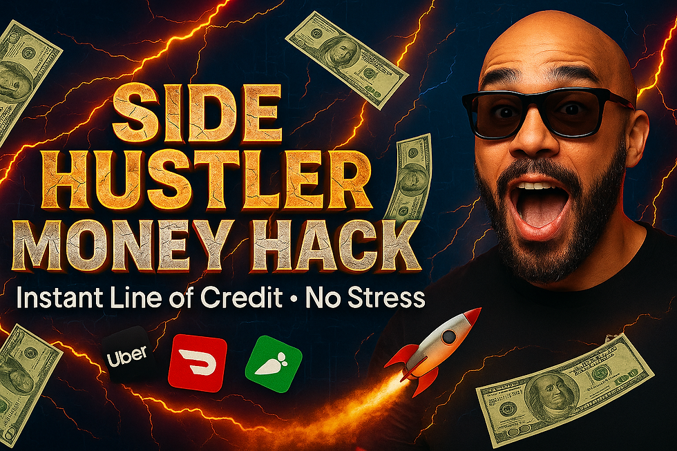 Man with sunglasses excitedly reacting in front of a "Side Hustler Money Hack" text, surrounded by dollar bills, apps, and lightning.