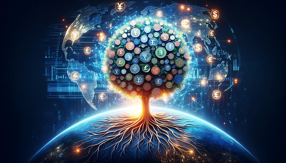 A digital tree with roots on a glowing Earth, its canopy made of currency symbols. Blue network lines and glowing continents in the background.