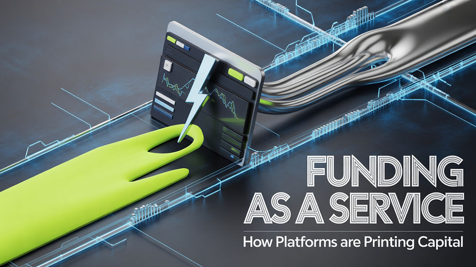 A digital dashboard with charts is struck by a lightning bolt hand in a sleek, futuristic setting. Text: "Funding as a Service."