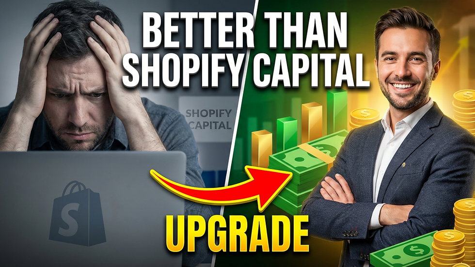 Man stressed at laptop with Shopify logo, text "Better Than Shopify Capital"; opposite, smiling man with cash stacks and upward arrow.