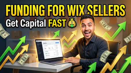 Funding for Wix sellers headline, smiling man at laptop with rising arrows and money.