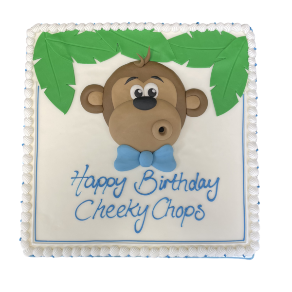 Bespoke Cheeky Chops Monkey Head cake with detailed fondant features, crafted in Solihull, West Midlands.