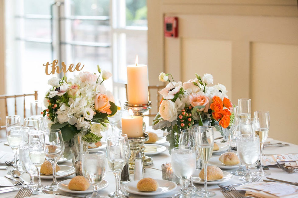 Romantic Reception Tables with Centerpieces and pillar candles - Floriography Designs NJ