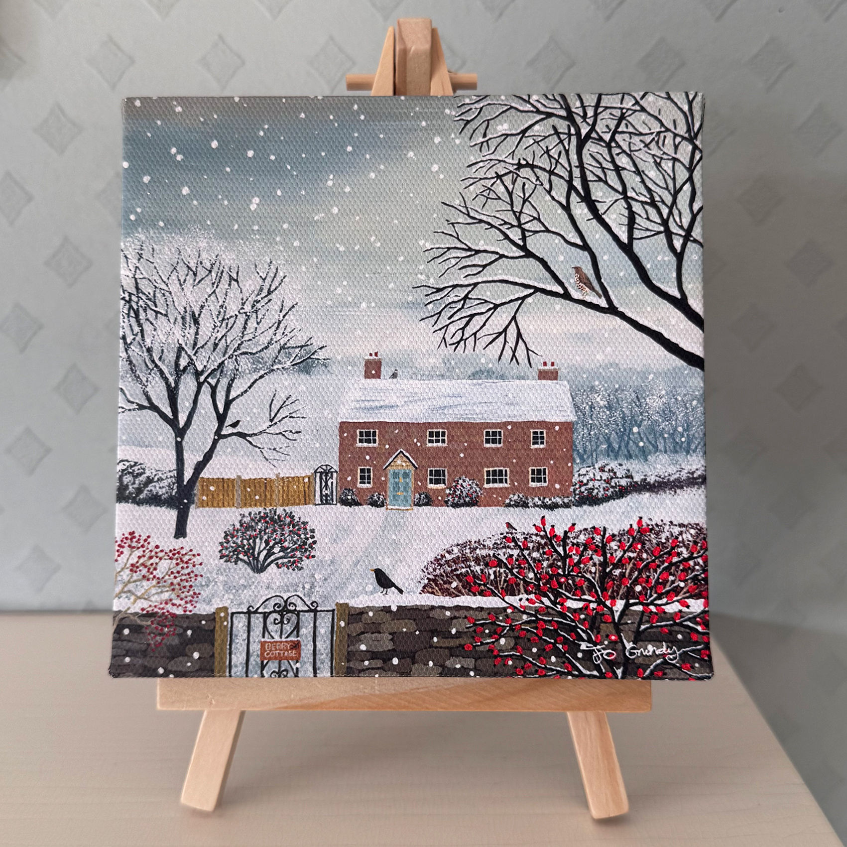 A Snowy Day at Berry Cottage - mini canvas print and easel