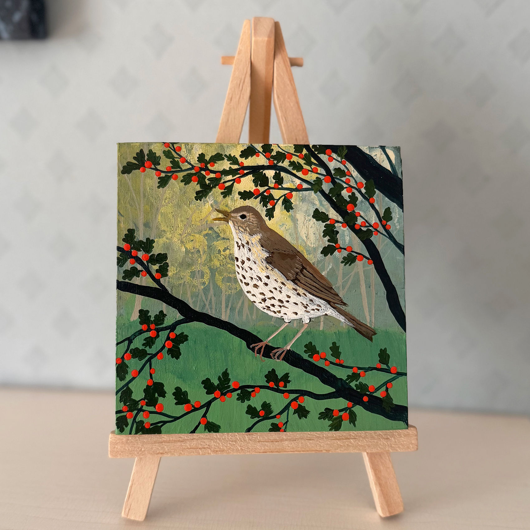 'Song Thrush'- mini original painting on wood with easel