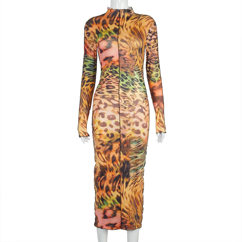 Thumbnail: Printed Turtleneck Long Sleeve Winter Midi Dress Elegant Fall Fashion