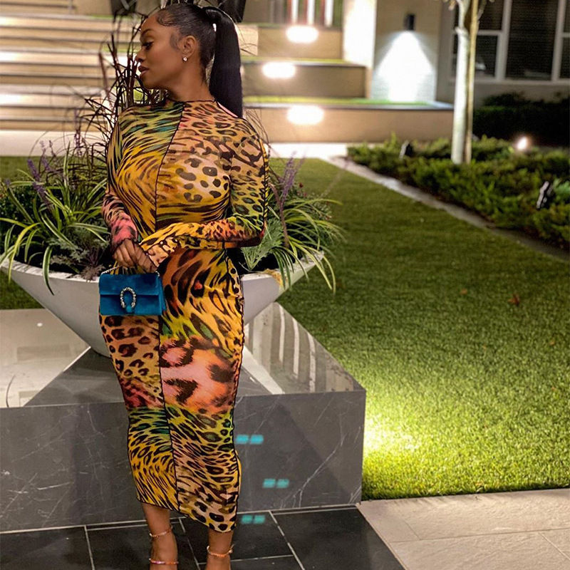 Thumbnail: Printed Turtleneck Long Sleeve Winter Midi Dress Elegant Fall Fashion