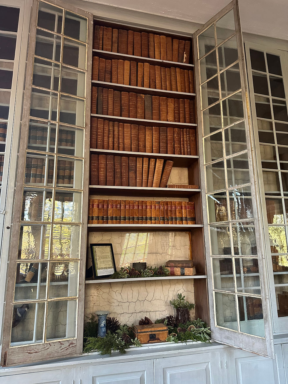 A close up picture of the open cabinet doors in the library, showing off the Hope House's original books (mainly court documents) which was the largest private library in the state. The books are a deep brown with gold lettering.
