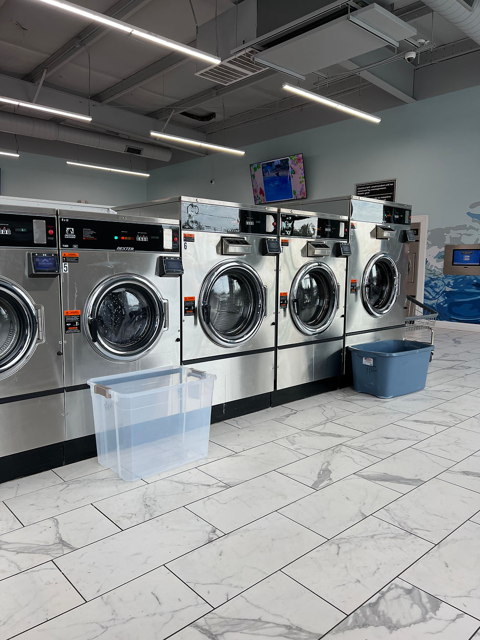 A picture of various sizes of washers at a laundromat. The wall is a mint green, and on the wall is a TV showing tiktoks.