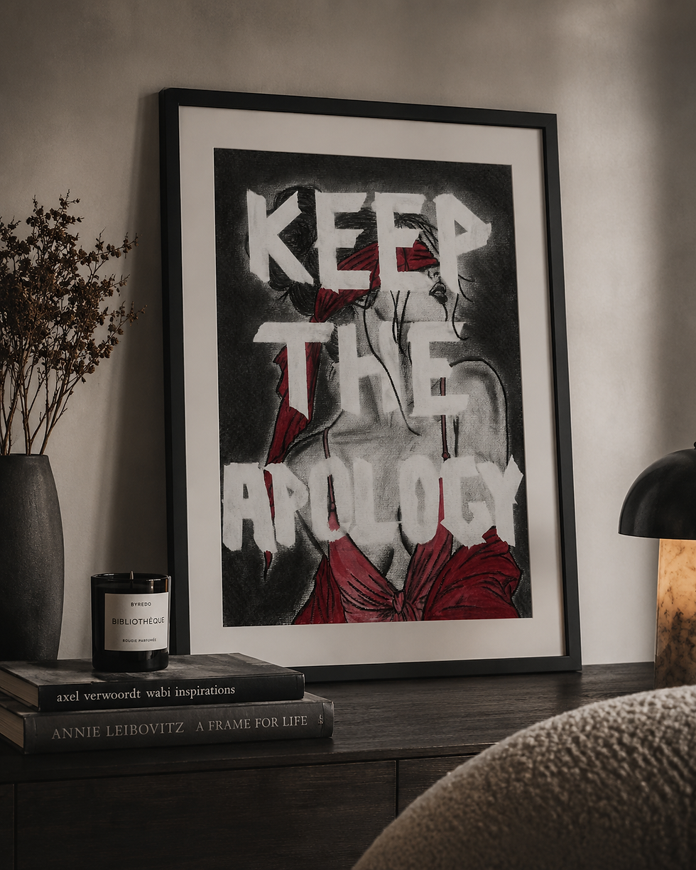 KEEP THE APOLOGY by Jennie Hallestam styled in interior setting, framed mixed media artwork from the DON’T SEND HELP series