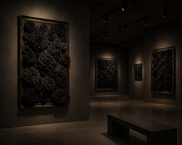 Dark contemporary gallery interior featuring dramatic black floral textile wall art framed in ornate gold frames by Hallestam Design.