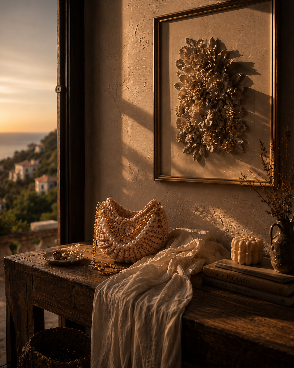 Editorial Hallestam Design interior featuring a handmade seashell bag, sculptural floral wall art, and warm evening light by the coast.